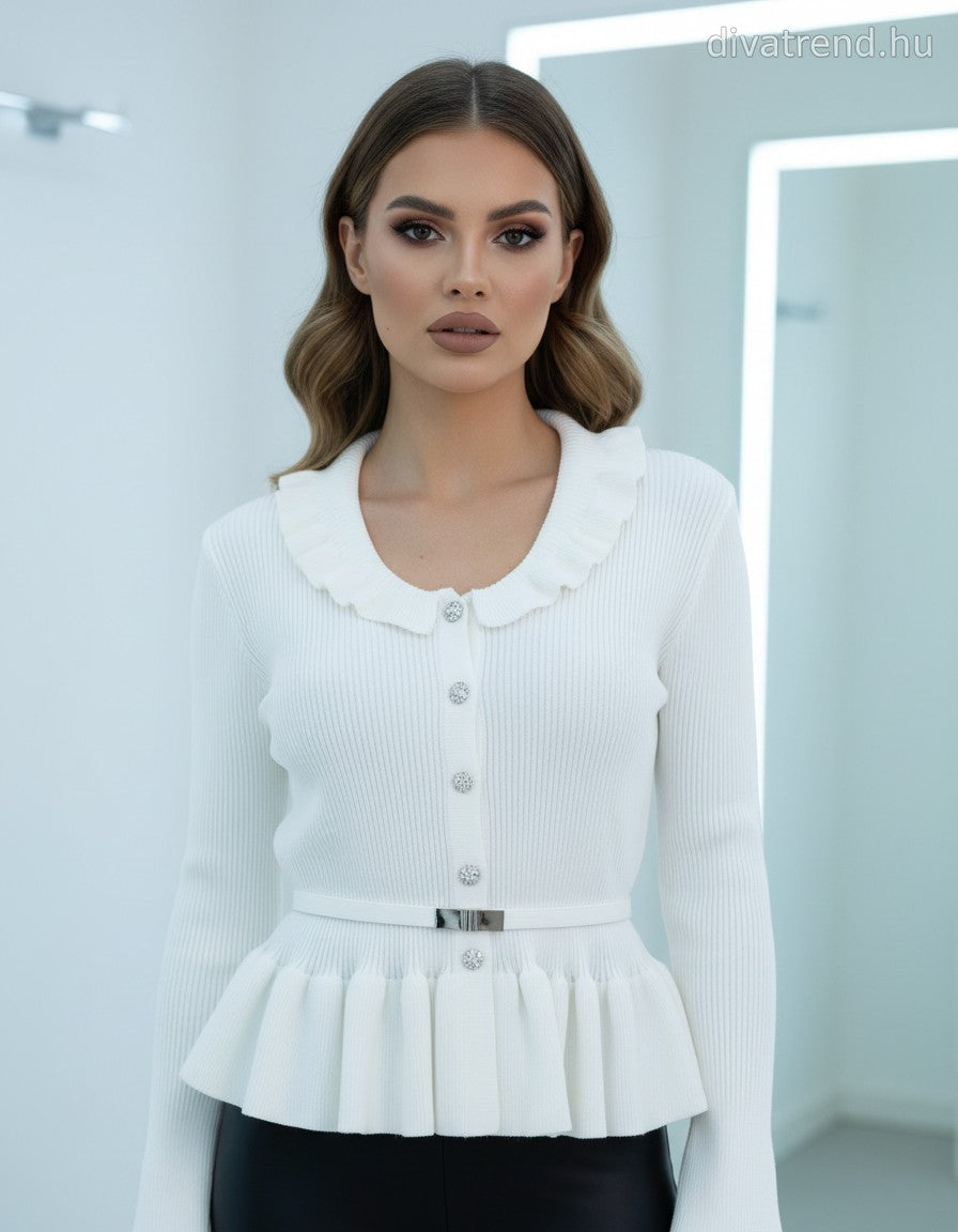 fehér kötött kardigán fodros, bordázott