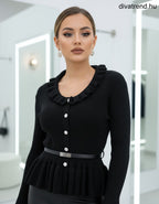 fekete kötött kardigán fodros, bordázott