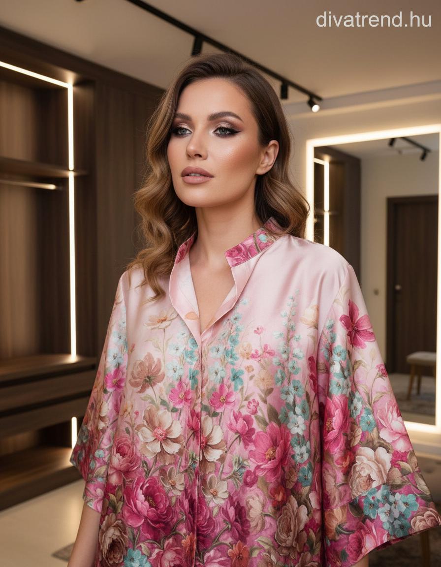 pink szatén ing virág mintás