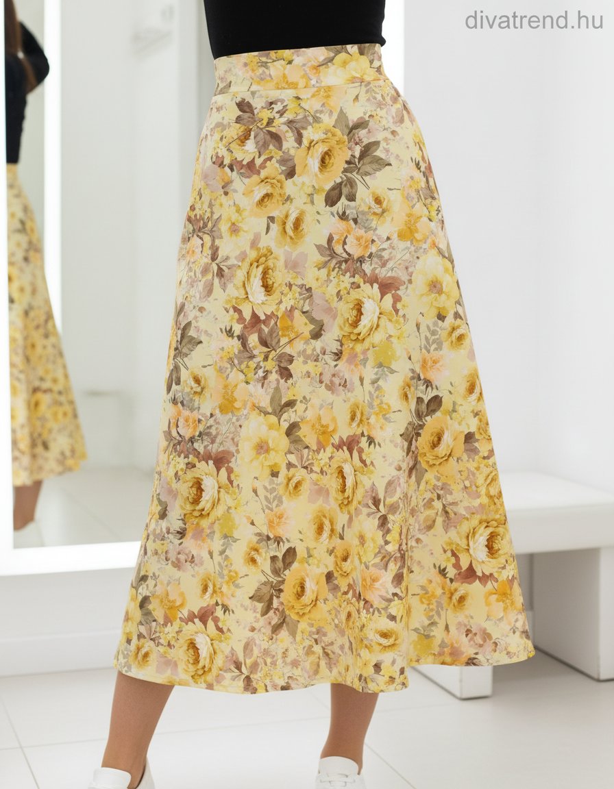 sárga szatén midi szoknya virágmintás