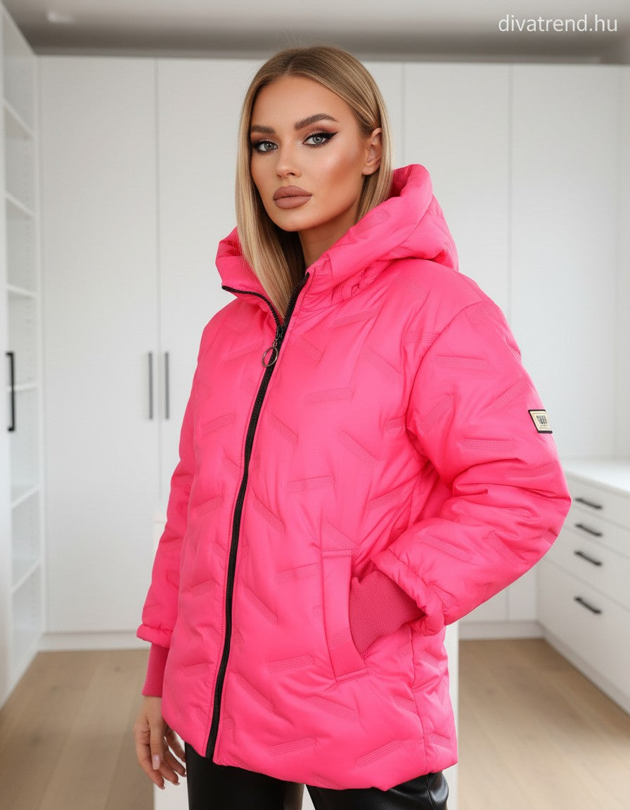 fukszia steppelt kabát kapucnis