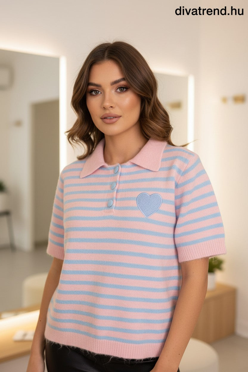 pinklight kék világos női kötött póló csíkos, szívvel
