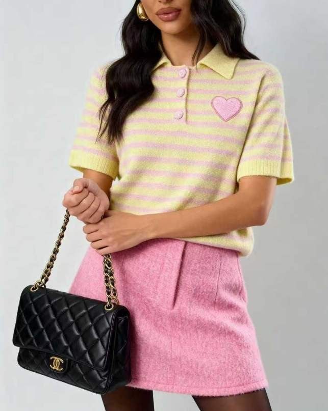 sárga pinklight női kötött póló csíkos, szívvel