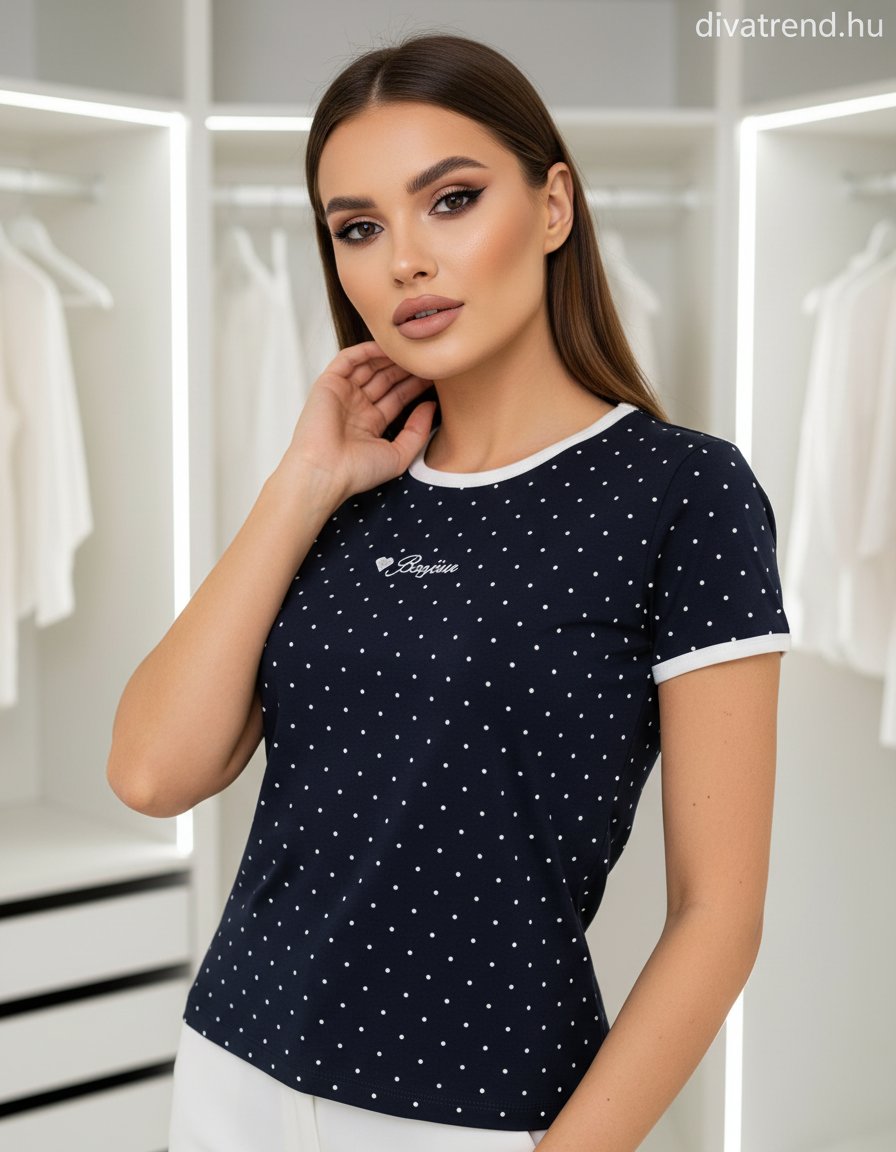 kék sötét női pamut póló pöttyös Bonjour