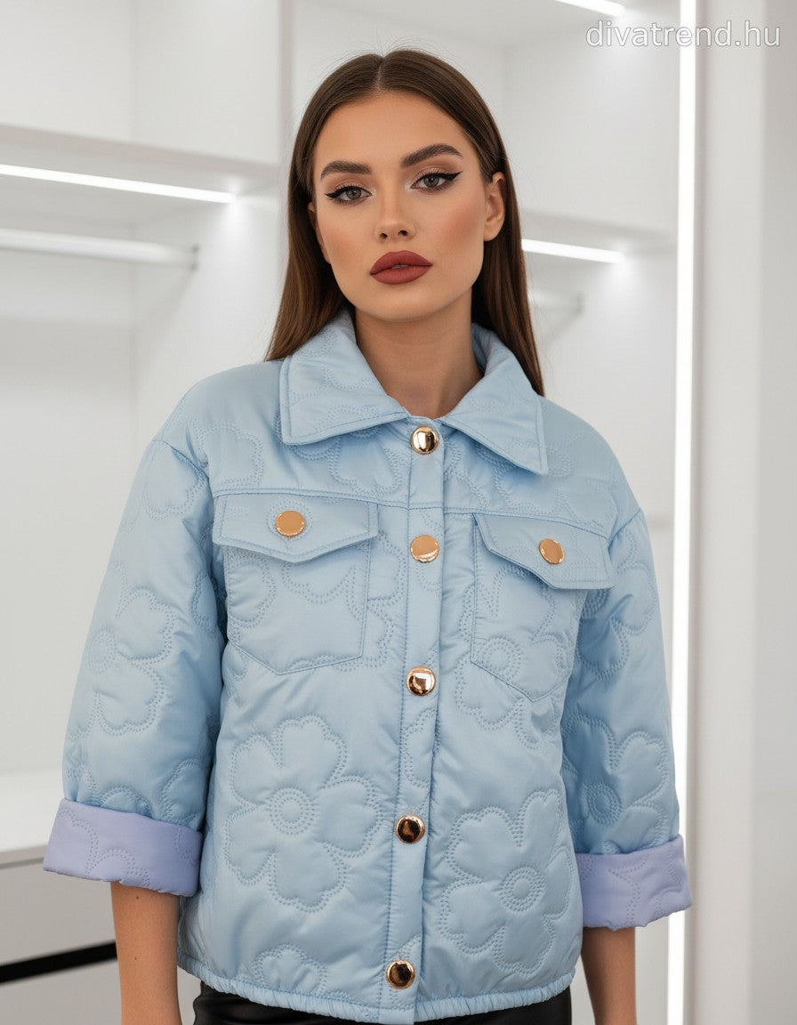 kék steppelt kabát virágmintás patentos