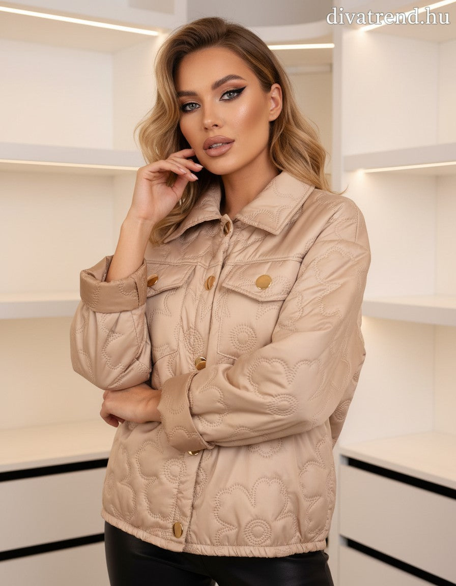 barna világos steppelt kabát virágmintás patentos