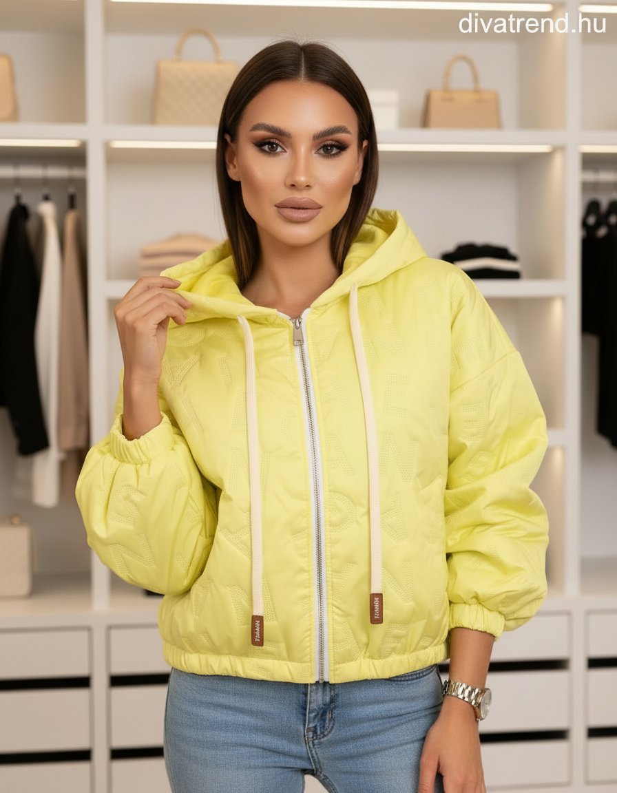 sárga steppelt kabát kapucnis