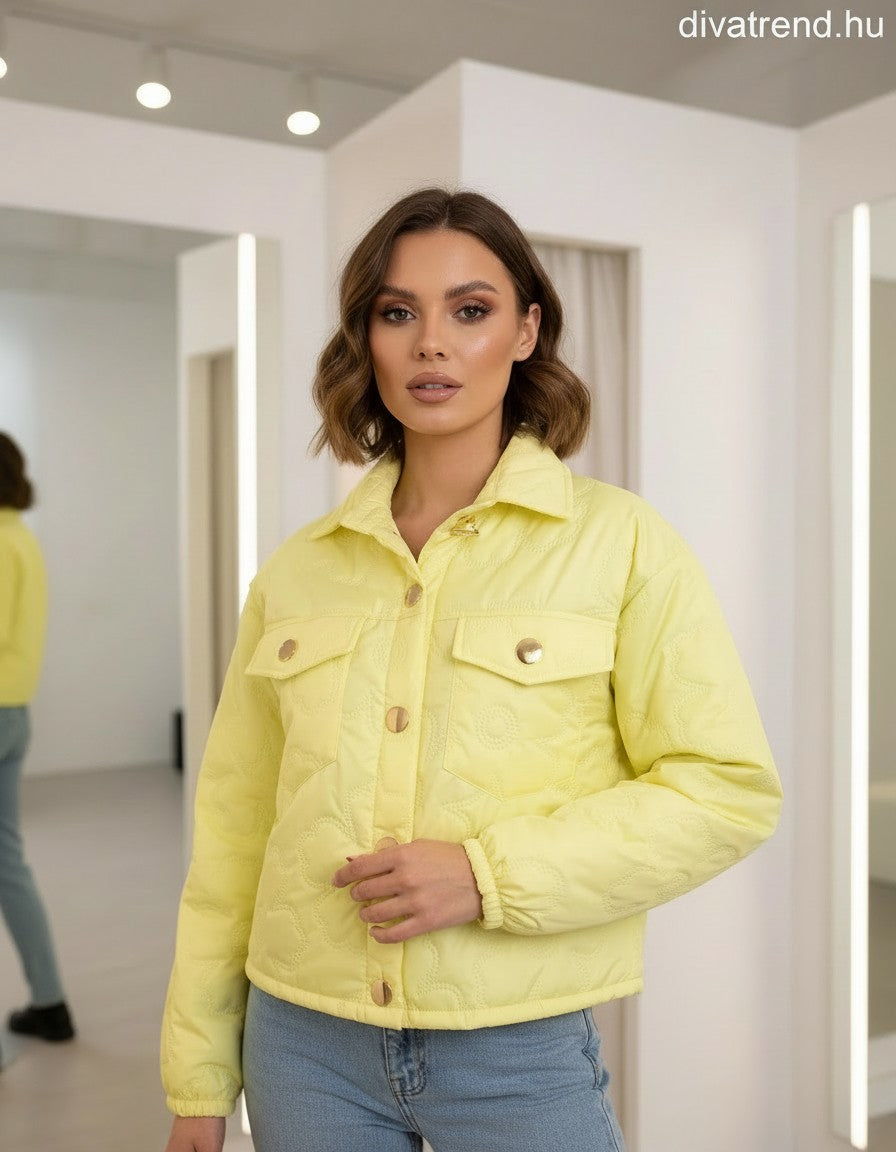 sárga steppelt átmeneti kabát virágmintás