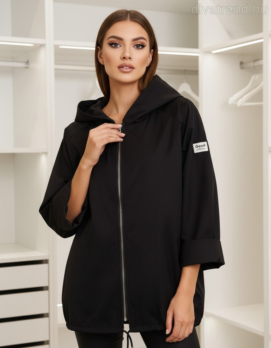 fekete női átmeneti kabát kapucnis, hosszabb