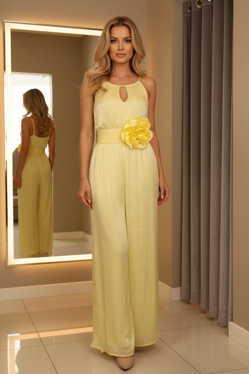 sárga elegáns sifon overál ujjatlan