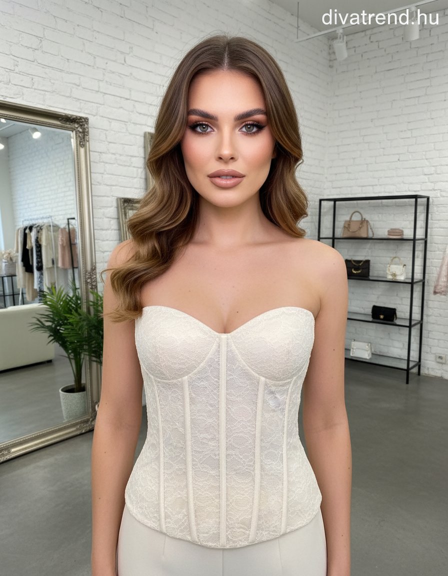 bézs pánt nélküli top, csipkés, fűző fazonú