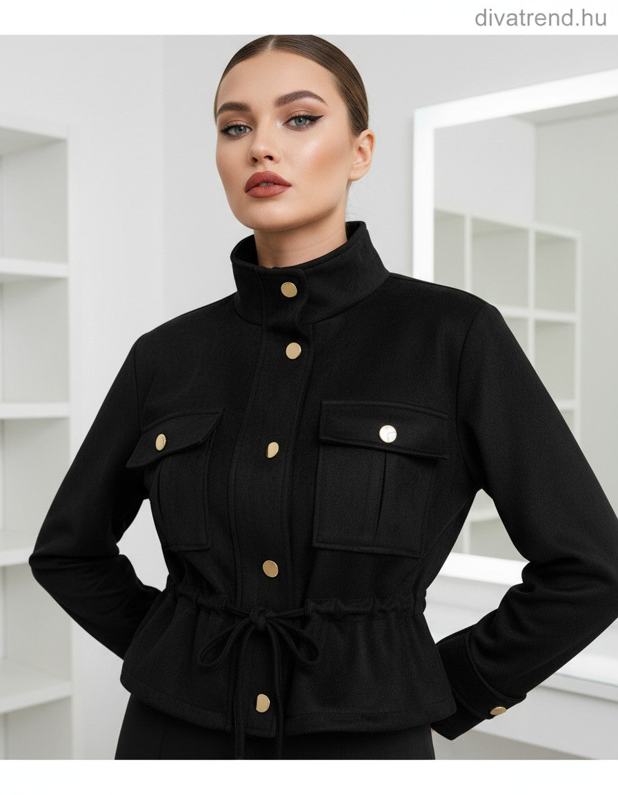 fekete női átmeneti kabát karcsúsított, velúr hatású