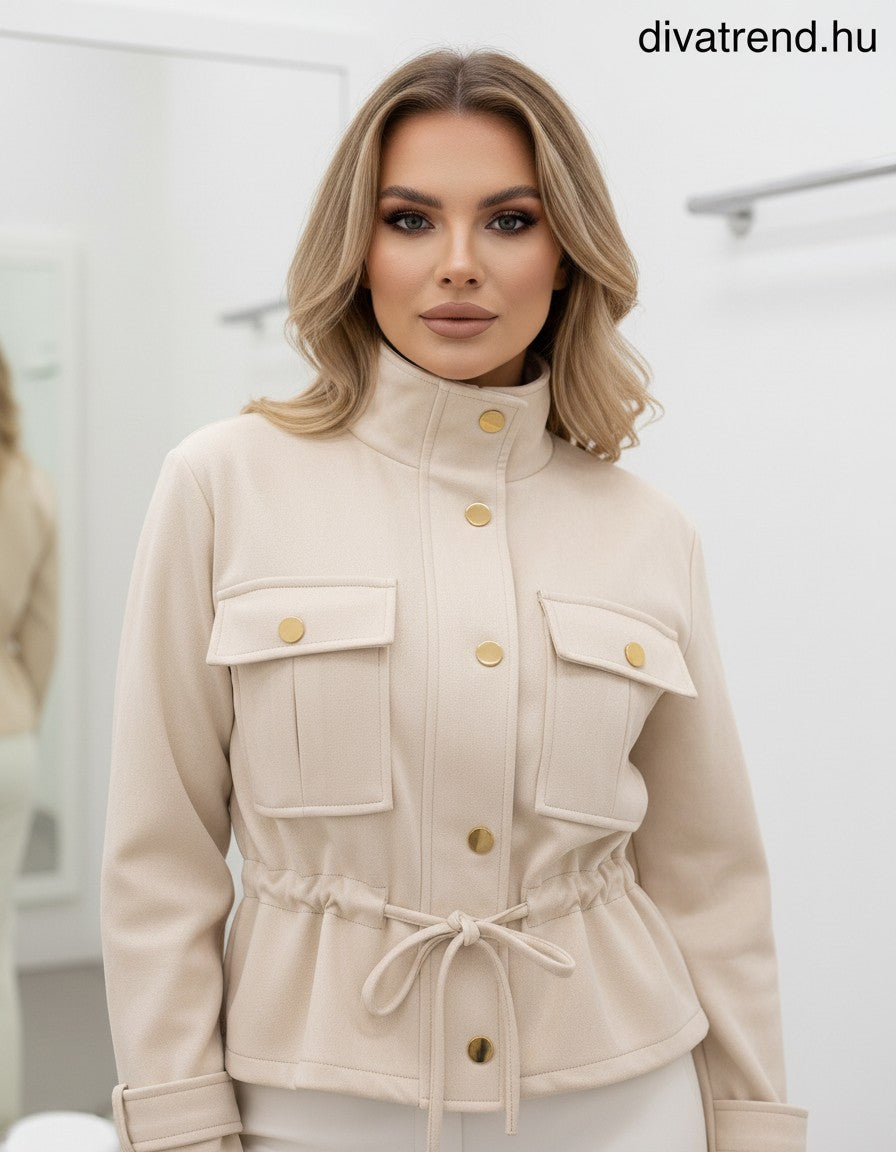 bézs női átmeneti kabát karcsúsított, velúr hatású