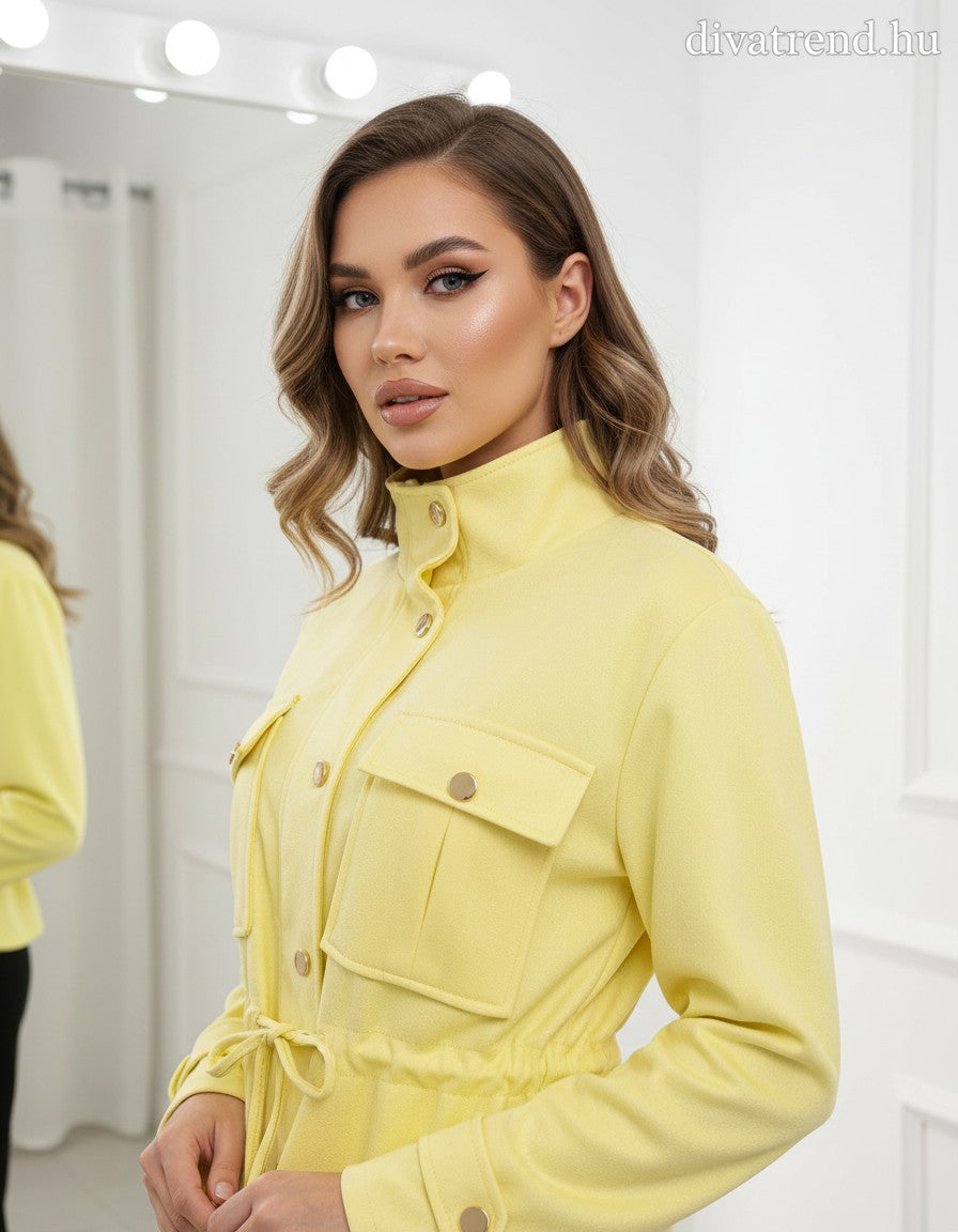 sárga női átmeneti kabát karcsúsított, velúr hatású