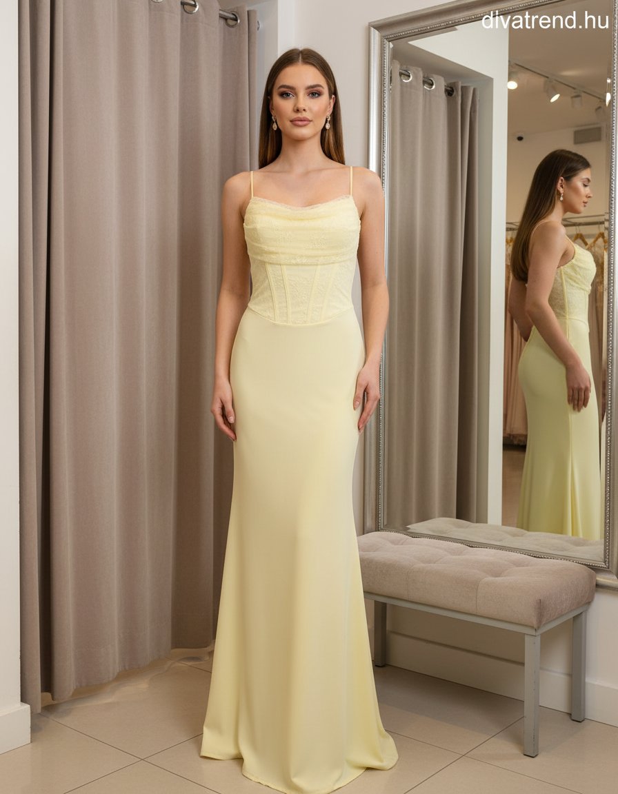 sárga csipke fűzős maxi ruha