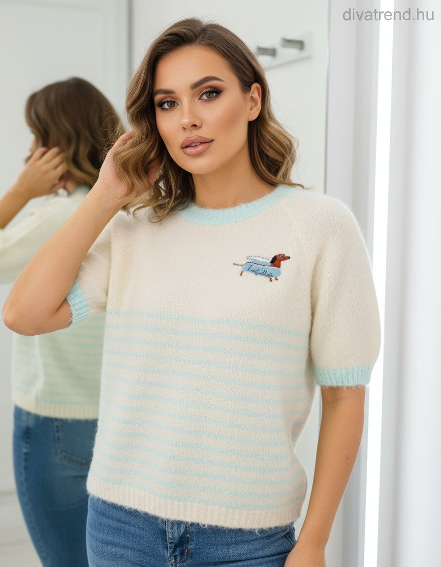 kék női kötött csíkos póló Puppy hímzéssel