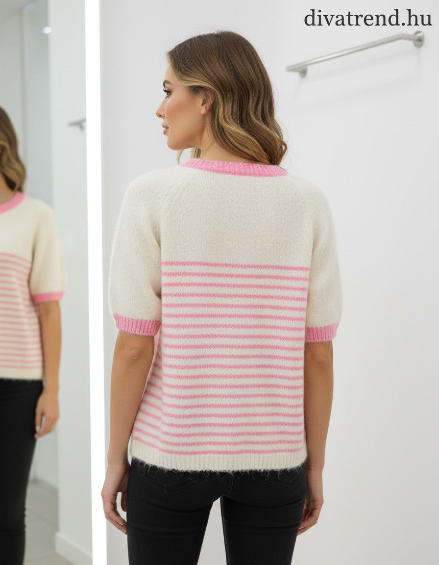 női kötött csíkos póló Puppy hímzéssel hátulról
