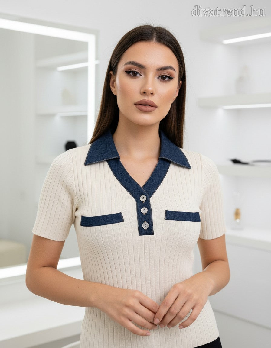 bézs női kötött pólóing, farmerkék szegély