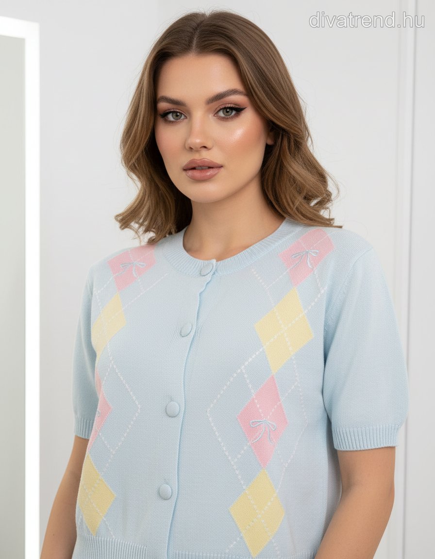 kék női kardigán rövid ujjú, káró mintás