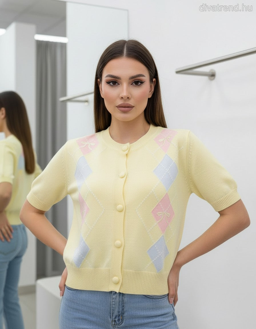 sárga női kardigán rövid ujjú, káró mintás