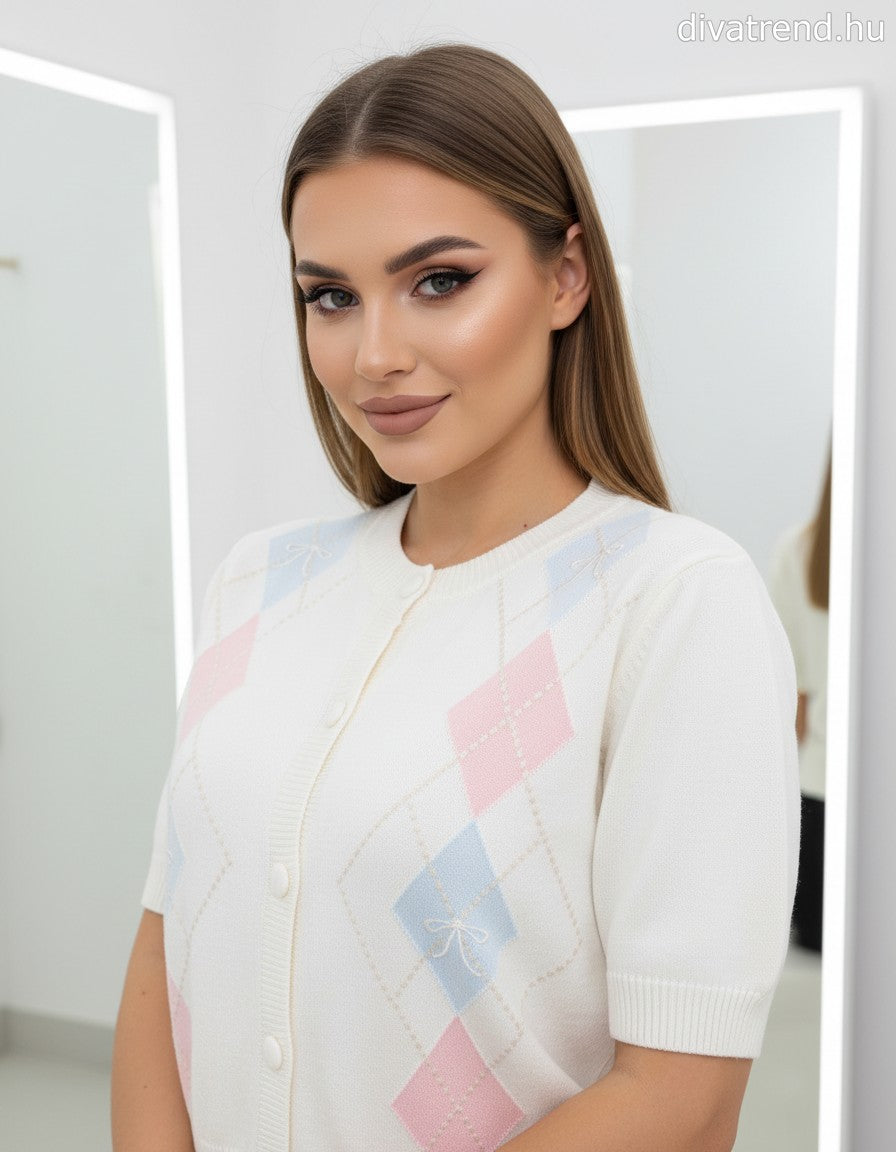 fehér női kardigán rövid ujjú, káró mintás