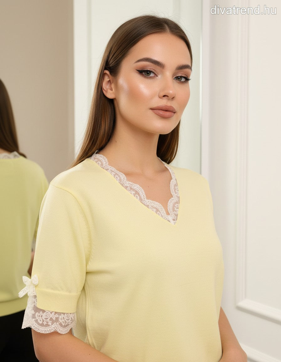 sárga női kötött póló csipkés szegélyű