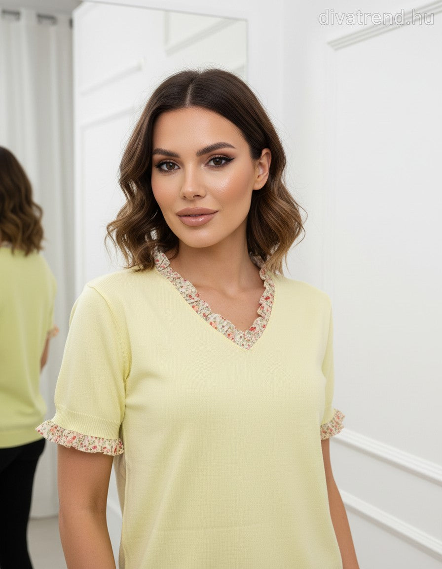 sárga női kötött póló virágos szegélyű
