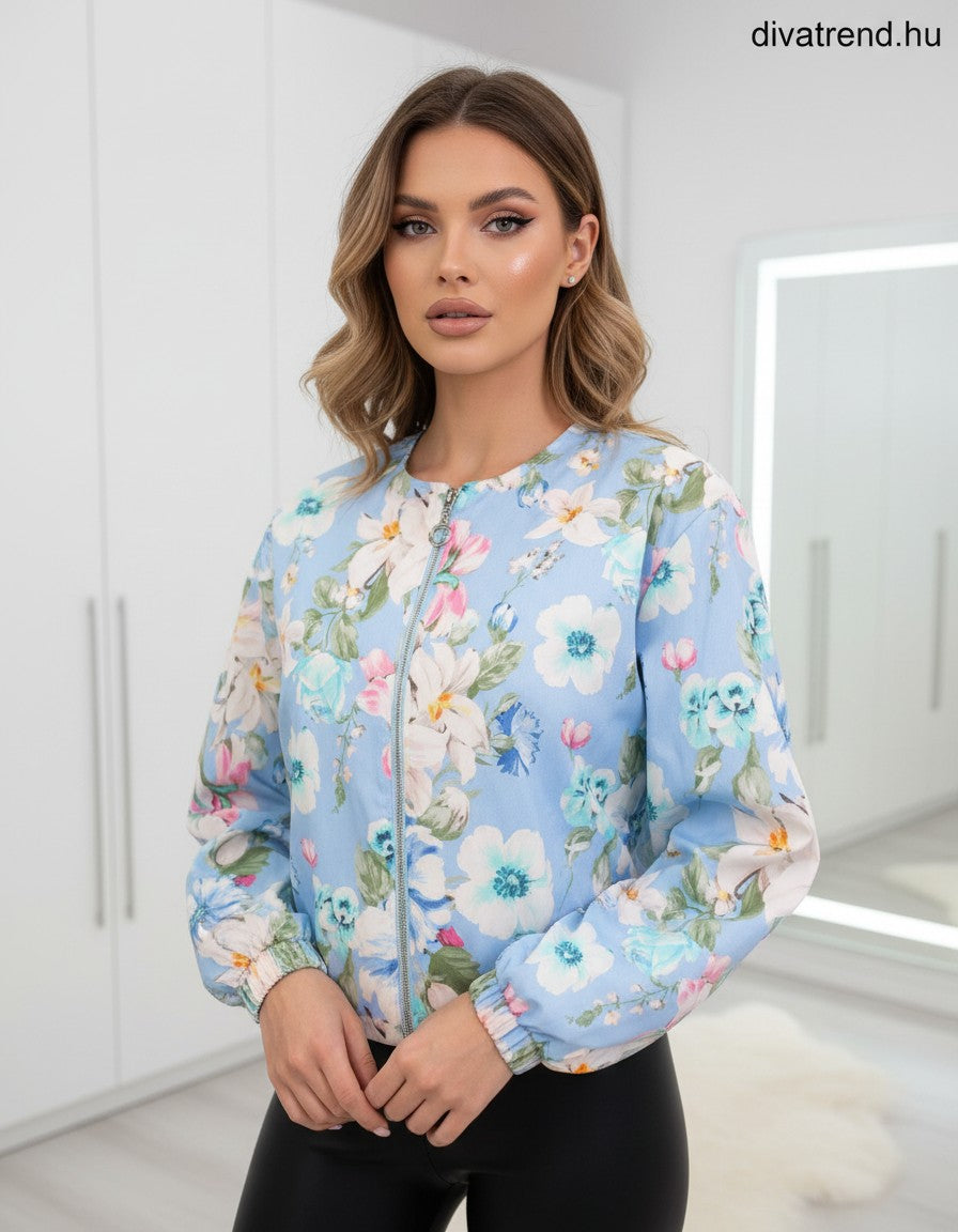 kék világos női átmeneti kabát, virágmintás