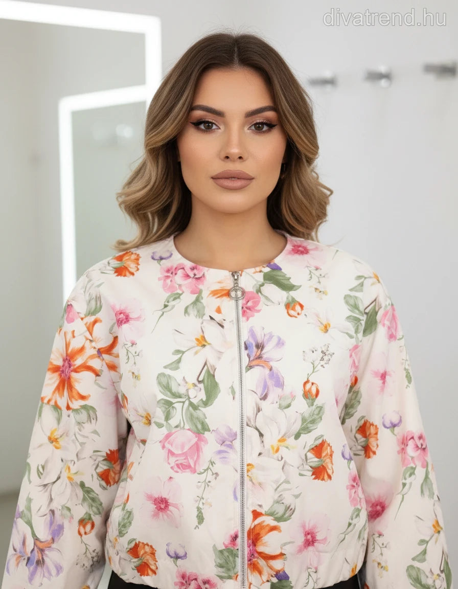 fehértört női átmeneti kabát, virágmintás