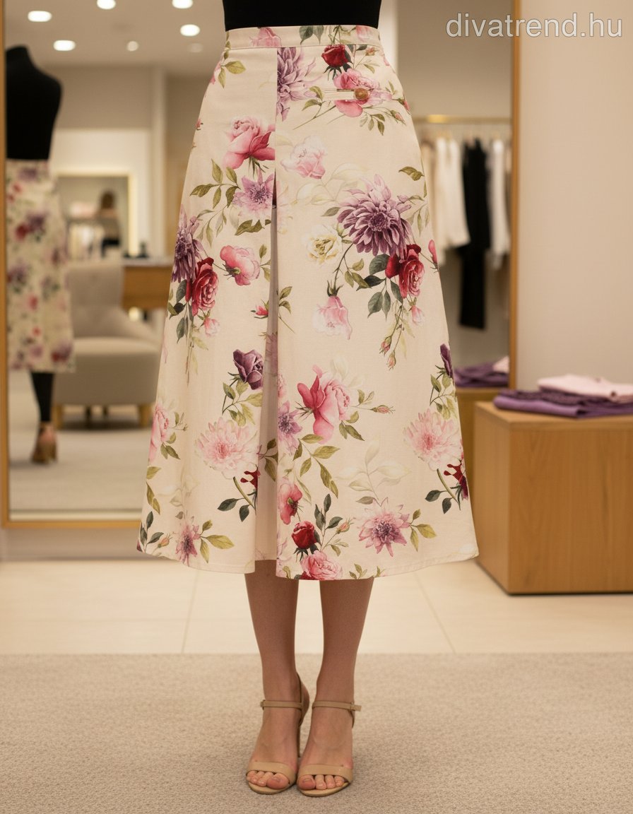 bézs virágmintás midi szoknya pamut