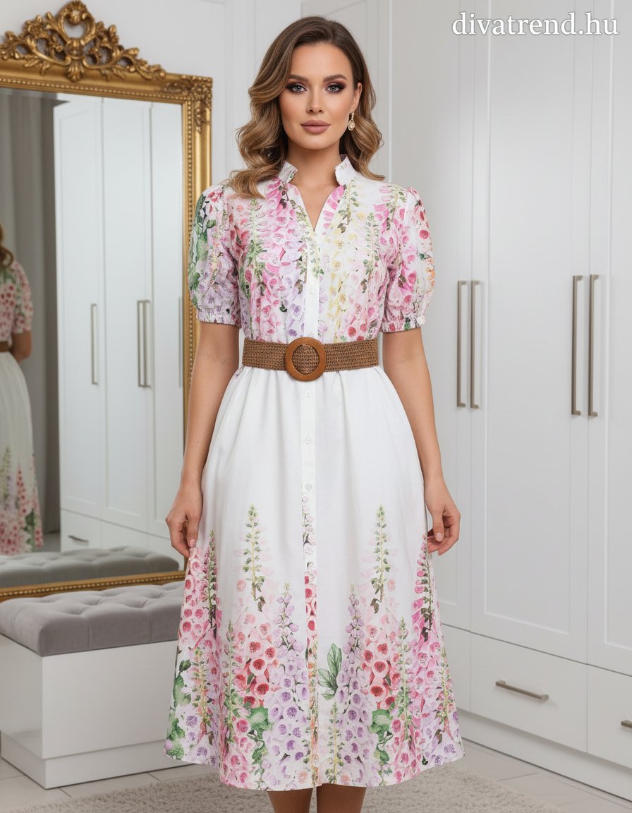 fehér virág mintás pamut midi ruha
