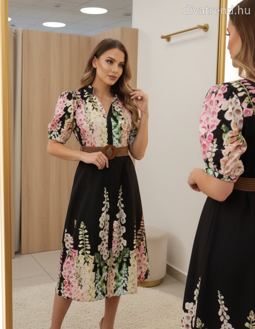 fekete virág mintás pamut midi ruha