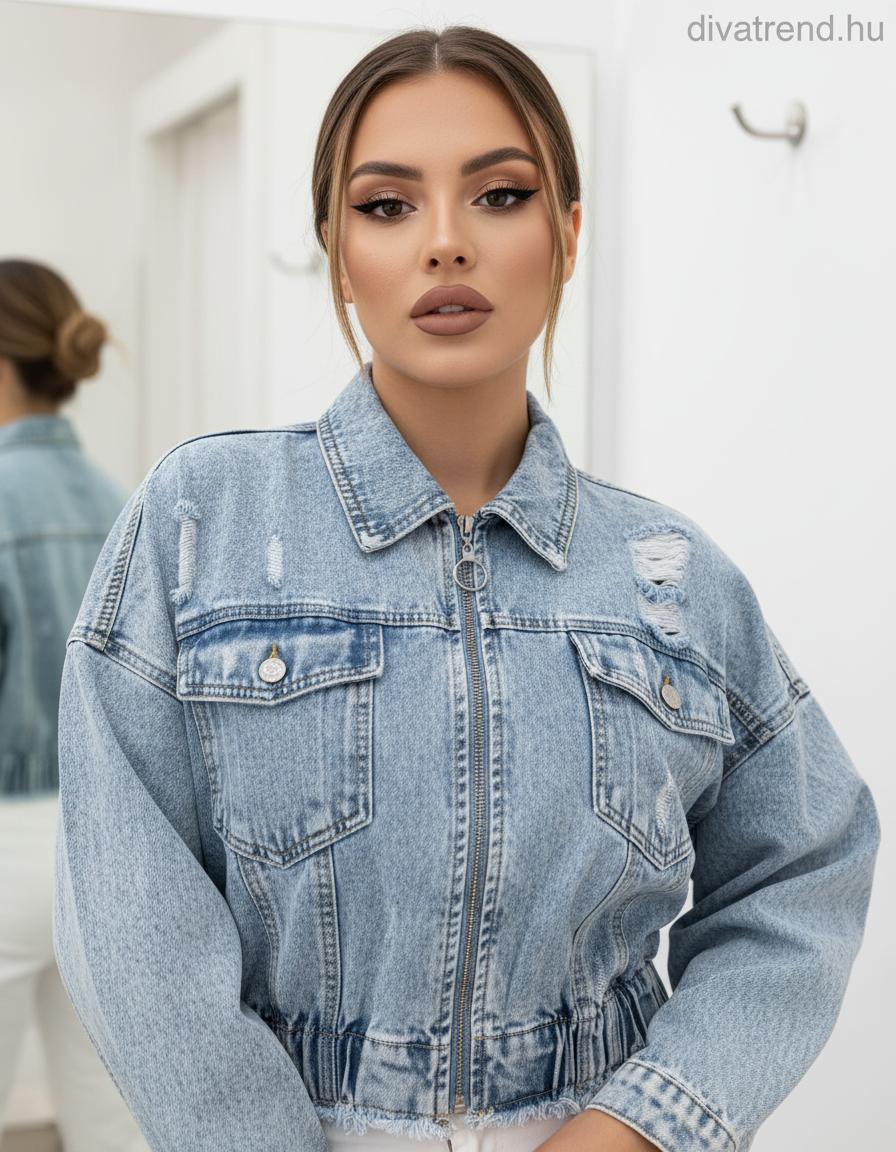 kék női farmerdzseki cipzáras, gumis derekú