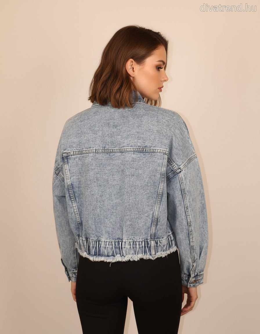 női farmerdzseki cipzáras, gumis derekú hátulról