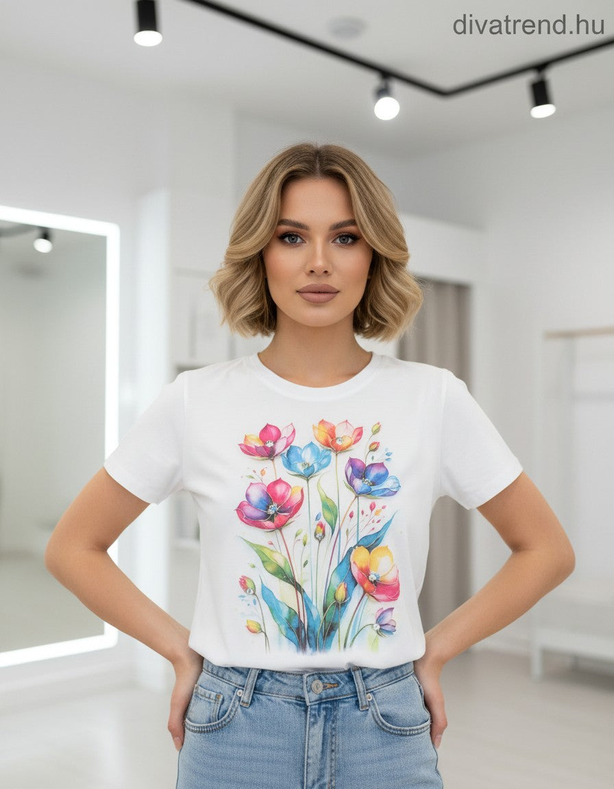 fehér női pamut póló virágmintás