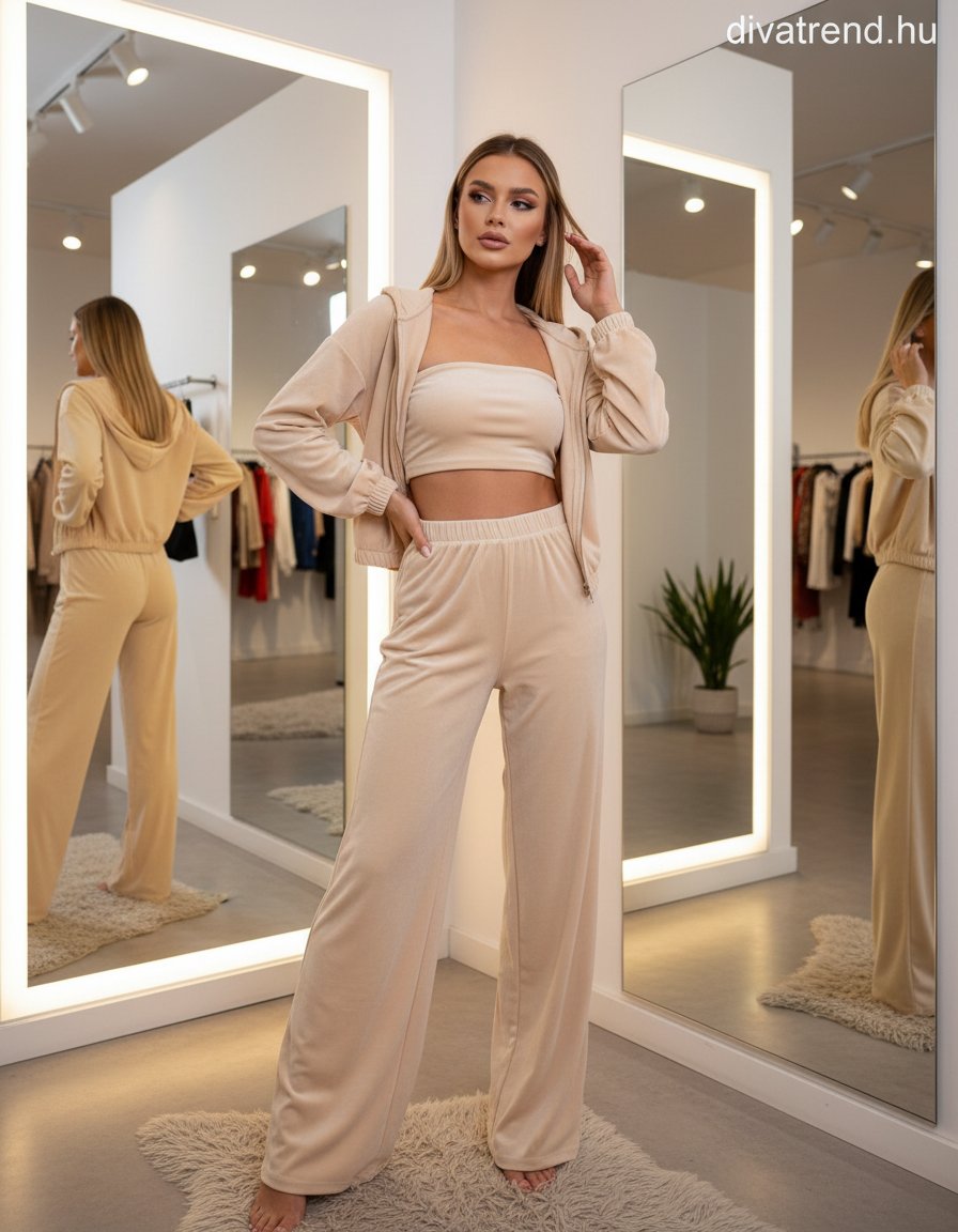 bézs női plüss melegítő szett