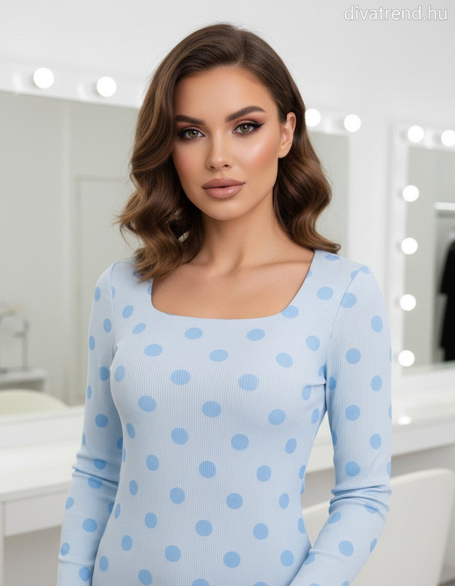 kék női pöttyös felső, bordázott, hosszú ujjú