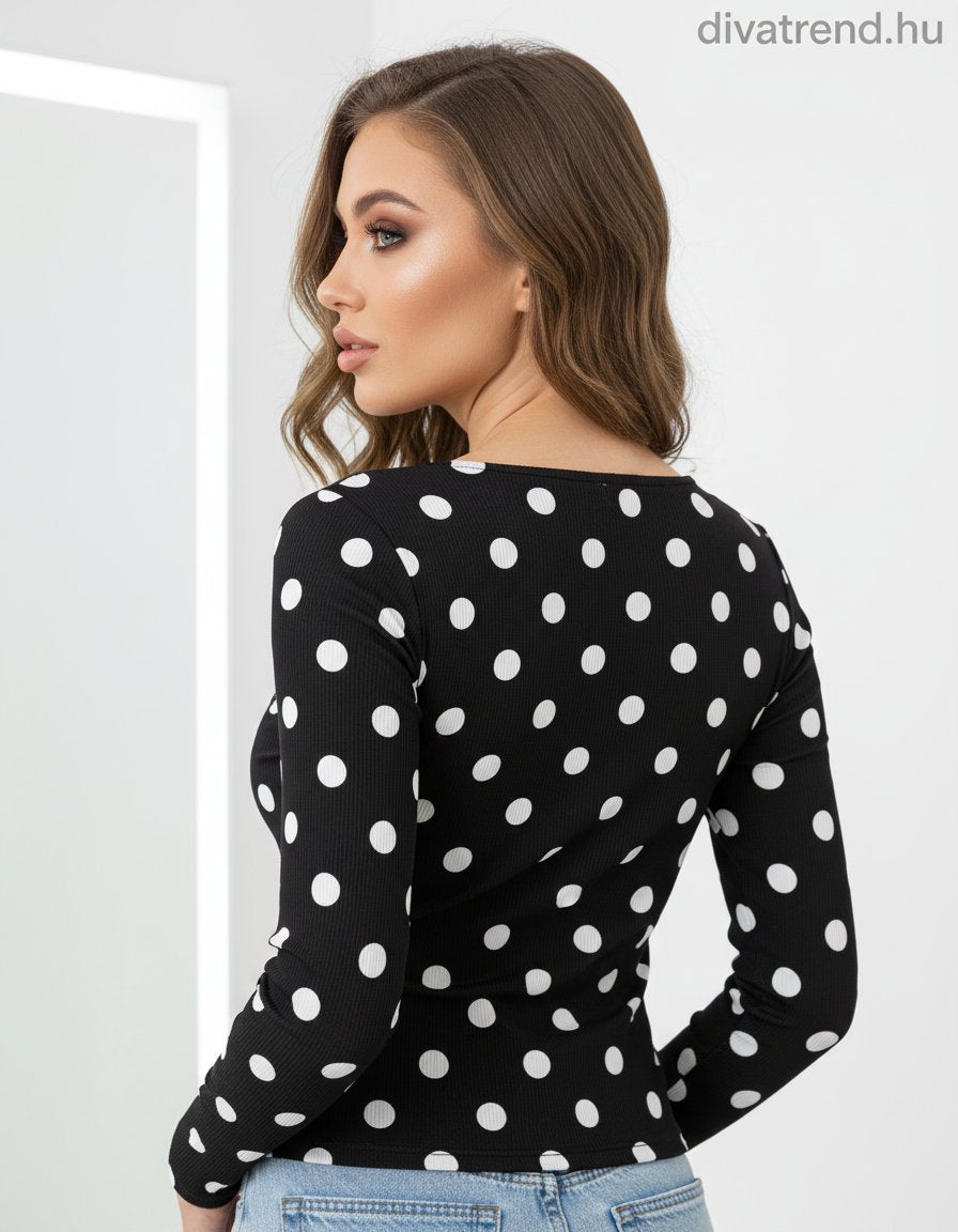 női pöttyös felső, bordázott, hosszú ujjú hátulról