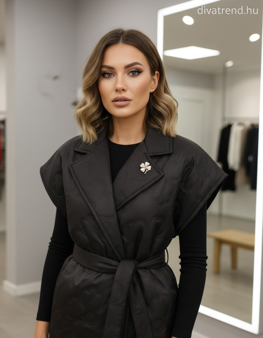 fekete női steppelt mellény, virág mintás