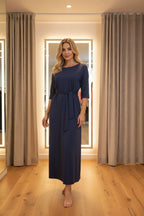 kék sötét viszkóz maxi ruha megkötővel