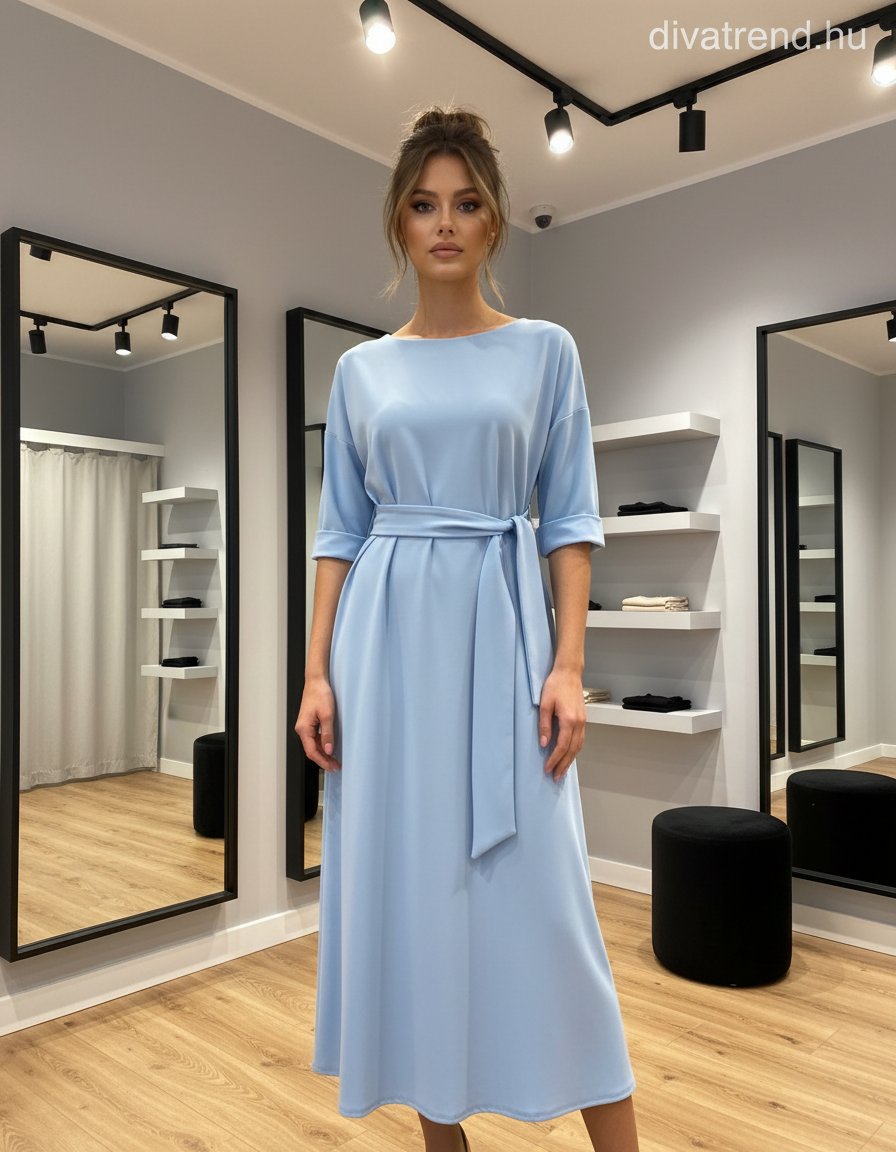 kék világos viszkóz maxi ruha megkötővel