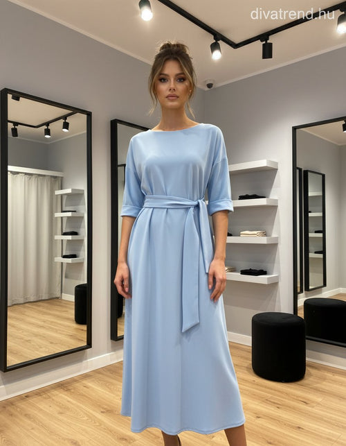 kék világos viszkóz maxi ruha megkötővel