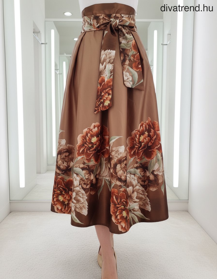 barna virág mintás szatén maxi szoknya