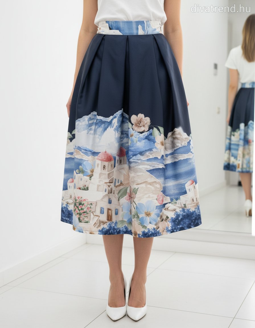 kék sötét szatén midi szoknya mediterrán mintás