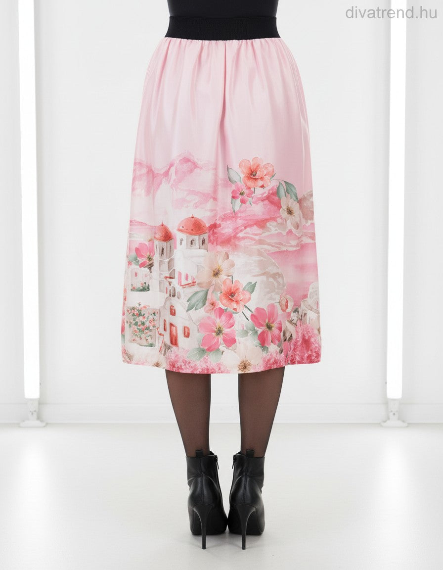 szatén midi szoknya mediterrán mintás hátulról