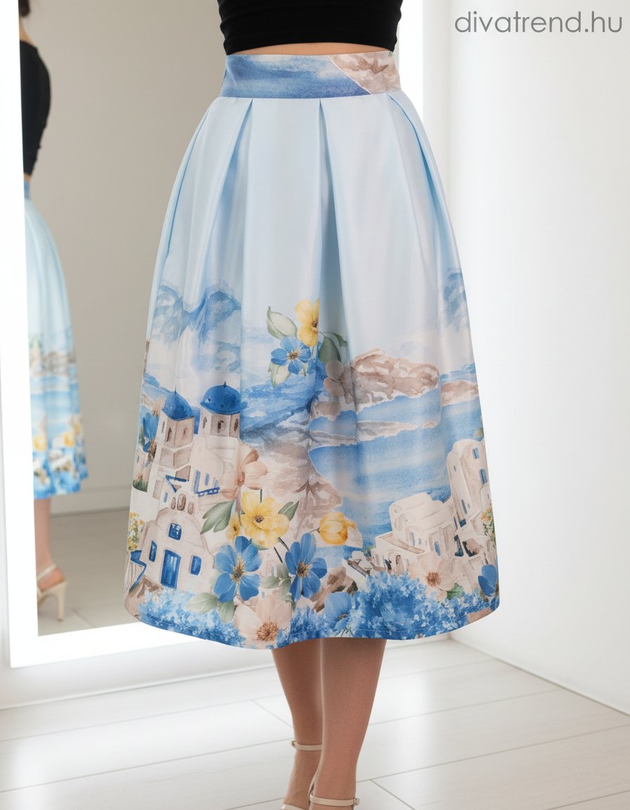 kék világos szatén midi szoknya mediterrán mintás