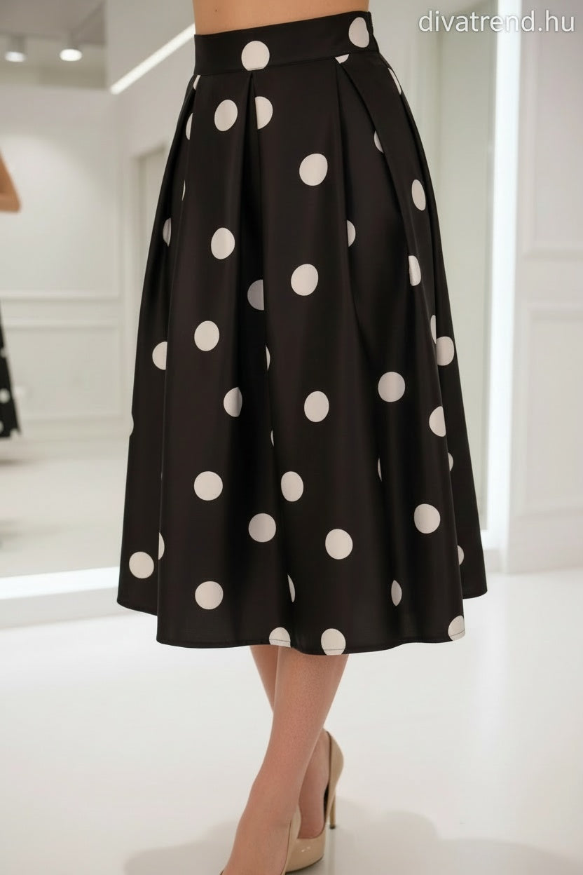 fekete fehér pöttyös szatén midi szoknya