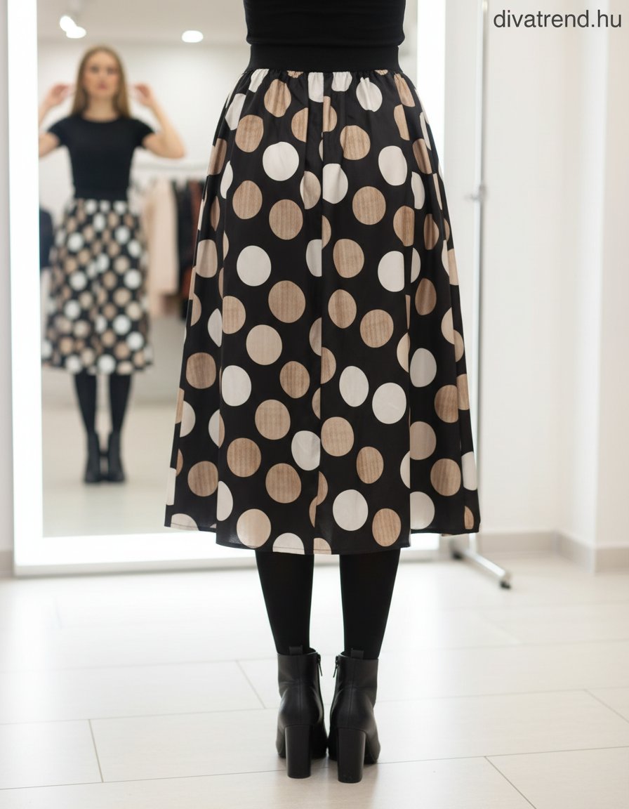szatén midi szoknya pöttyös hátulról