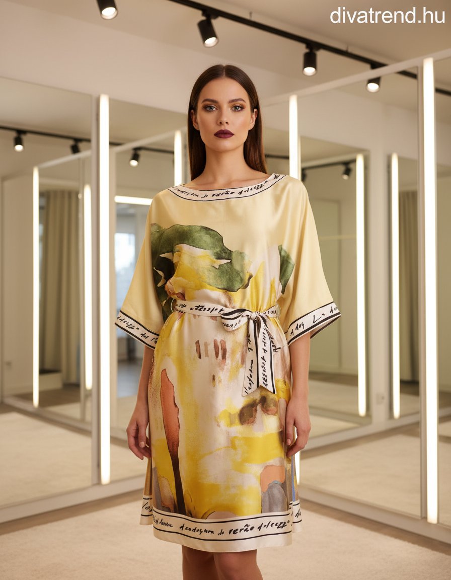 sárga szatén térd ruha, absztrakt mintás