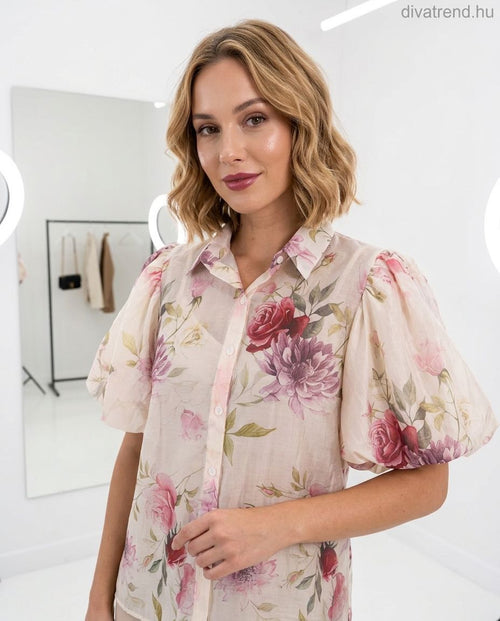 pink virág mintás sifon ing puffos ujjú